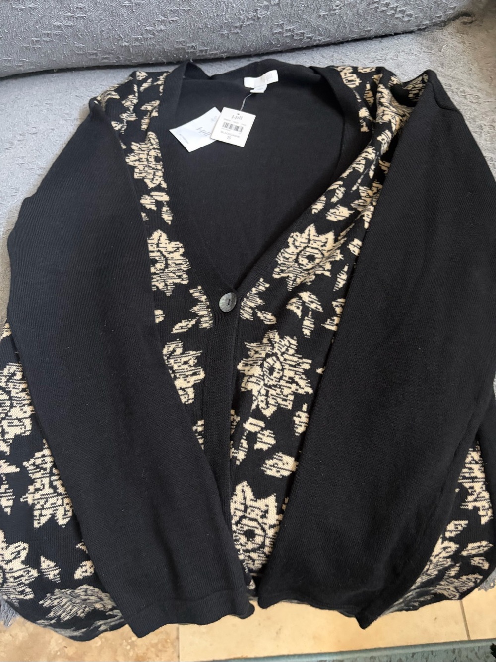 NWT J.Jill Black and Cream Floral V-Neck Cardigan Sweater - Women